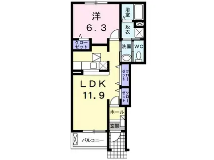 オーク・ヴィレッヂB(1LDK/1階)の間取り写真