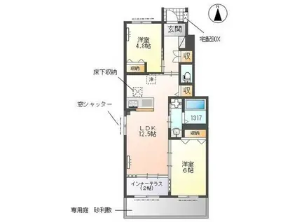 つくばエクスプレス 柏の葉キャンパス駅 徒歩18分 2階建 築1年(2LDK/1階)の間取り写真