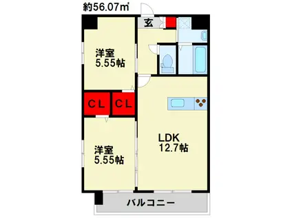 KSK南小倉コアプレイス(2LDK/9階)の間取り写真