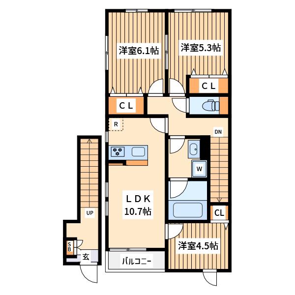 サン オットー ヒルズ B(3LDK/2階)の間取り写真