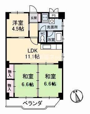 真締川ハイツ(3LDK/5階)の間取り写真