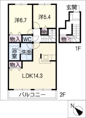 ピーヌスI(2LDK/2階)の間取り写真