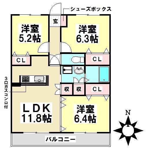 グラスィーユ(3LDK/2階)の間取り写真