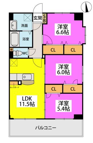 ヴィルヌーブ下山門(3LDK/7階)の間取り写真