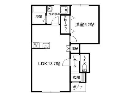滝川市東町2丁目1LDKアパートD棟築2年(1LDK/1階)の間取り写真