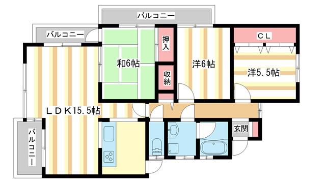富雄サンパレスI号館(3LDK/1階)の間取り写真