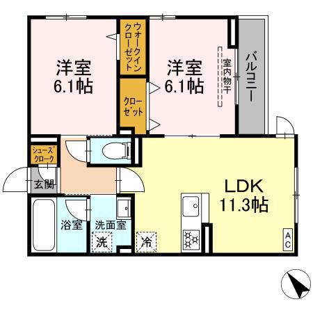 ディー パイナ 鴨居2(2LDK/2階)の間取り写真