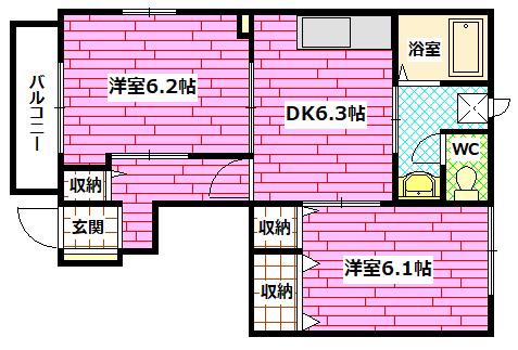レジデンスK II(2DK/1階)の間取り写真