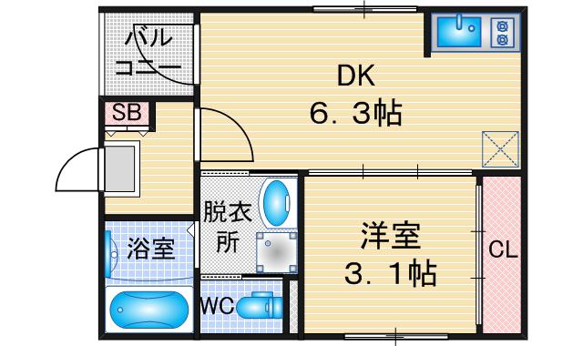 パークテラス(1DK/3階)の間取り写真