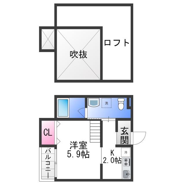 カーサブルーノ萩原天神(1K/2階)の間取り写真