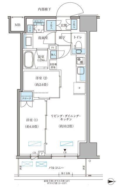 パークアクシス住吉ガーデンスクエア(2LDK/3階)の間取り写真