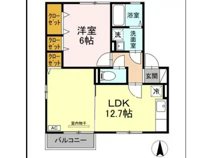 オークスドュール・ウルゲ B棟(1LDK/2階)の間取り写真