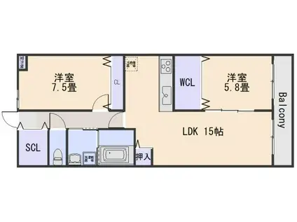 クレスト山本I(2LDK/2階)の間取り写真