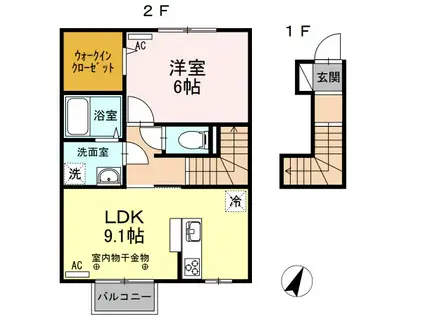 GLANZ E棟(1LDK/2階)の間取り写真