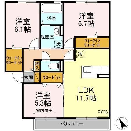 PARK HILLS MIYAKO D(3LDK/2階)の間取り写真