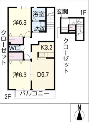 プラムベルジュ(2DK/2階)の間取り写真