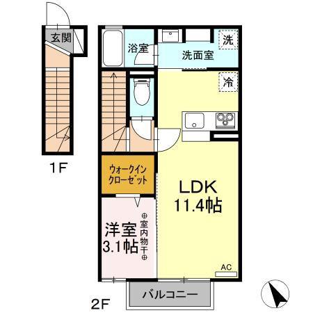 ユア・クレスコンティ C(1LDK/2階)の間取り写真