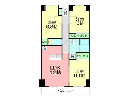 リバーサイドヒルズ西富水(3LDK/6階)の間取り写真