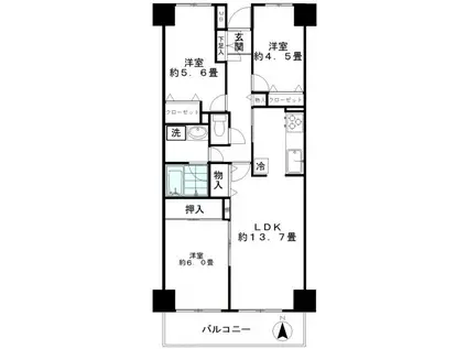 ジュネス(3LDK/4階)の間取り写真