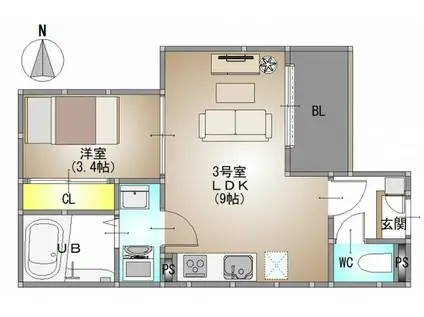 REGALEST 北方3(1LDK/3階)の間取り写真