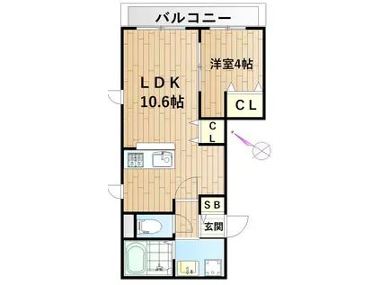 ボナウ元住吉(1LDK/3階)の間取り写真
