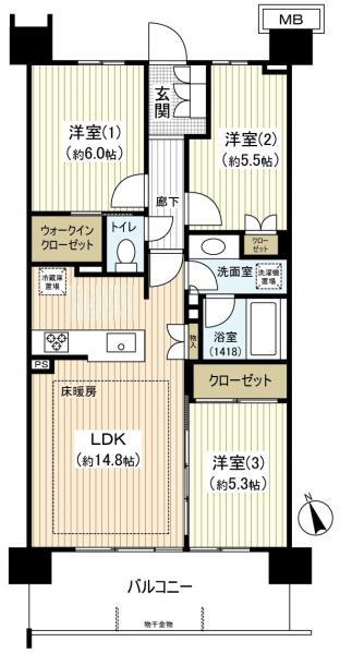 ルフォンソレイユ船橋美し学園(3LDK/7階)の間取り写真