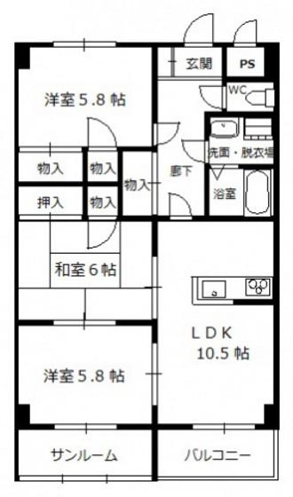 サンシャインハイム伊藤(3LDK/3階)の間取り写真