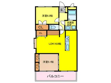 ヴィバーチェ大橋南(2LDK/3階)の間取り写真