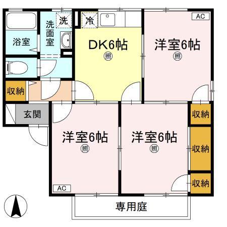 セゾン・ヴェール A棟(3DK/1階)の間取り写真