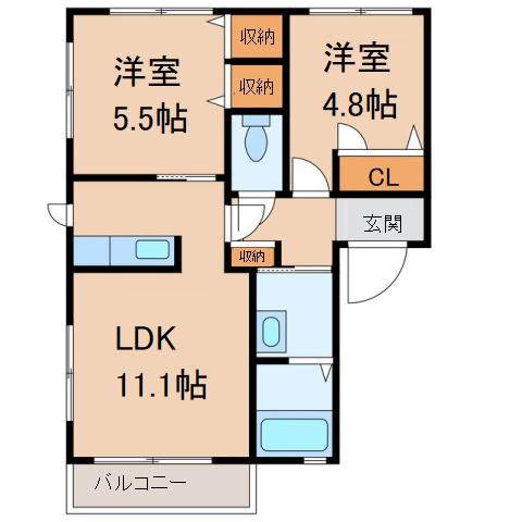 パレスデュオ照(2LDK/2階)の間取り写真