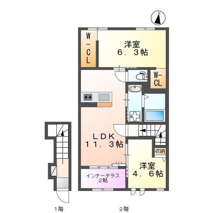 ルガルボニート北熊本(2LDK/2階)の間取り写真