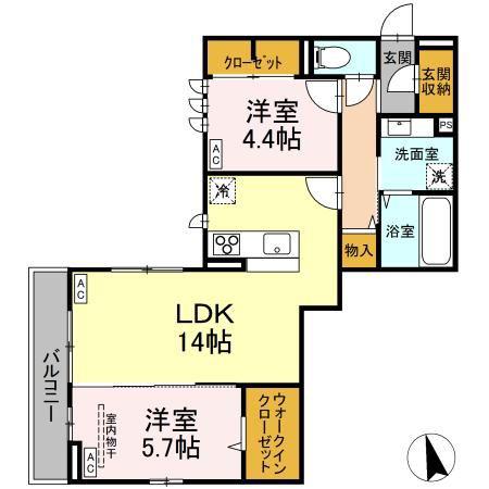 DーROOM六十人町 B(2LDK/3階)の間取り写真