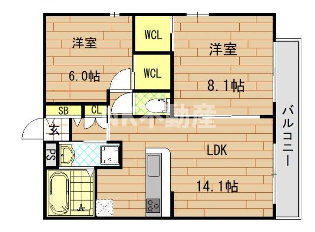 フェリスコート若江北町I(2LDK/3階)の間取り写真