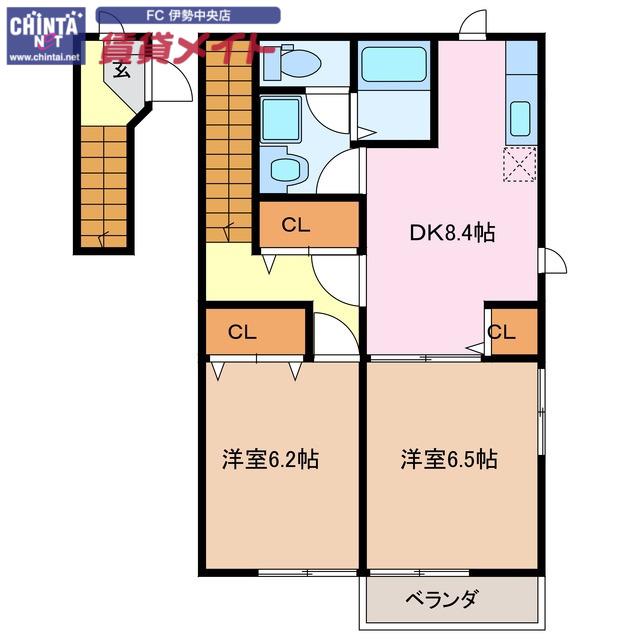 CASA・PATIO B棟(2DK/2階)の間取り写真