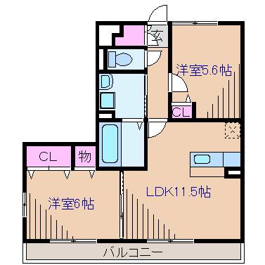 メゾン・アムール弐番館B棟(2LDK/1階)の間取り写真