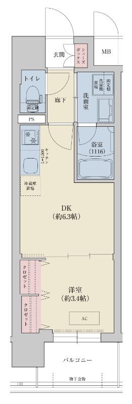 リシュドール梅小路(1DK/11階)の間取り写真