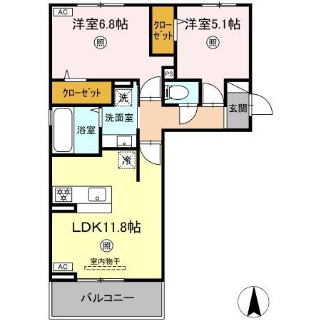 トリシア野多目I(2LDK/2階)の間取り写真