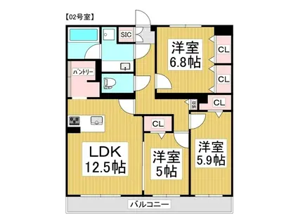 コンフォーティア広丘吉田III B棟(3LDK/2階)の間取り写真