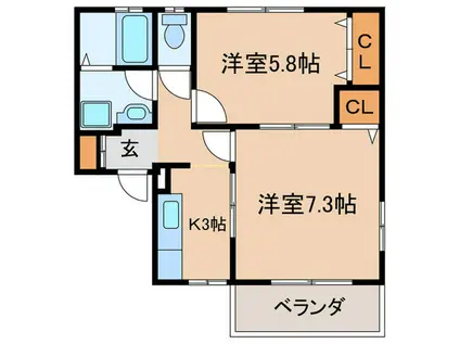 リーフレジデンス西館(2K/2階)の間取り写真