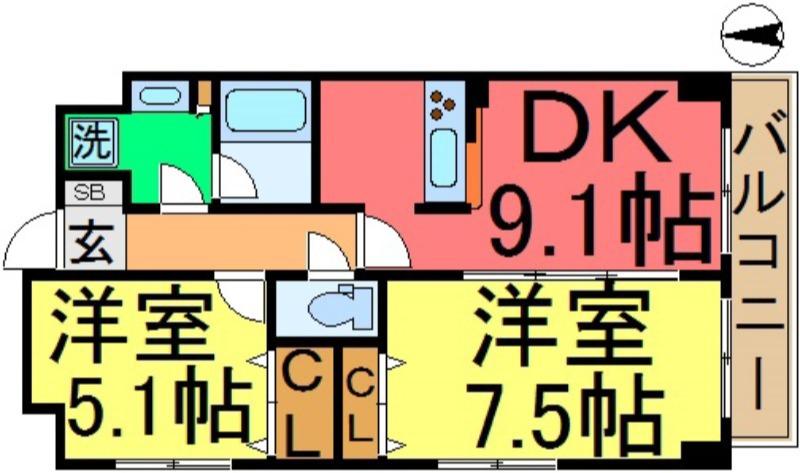 エスポワール江戸川(2LDK/9階)の間取り写真