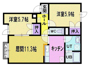 ディアス里塚A(2LDK/2階)の間取り写真