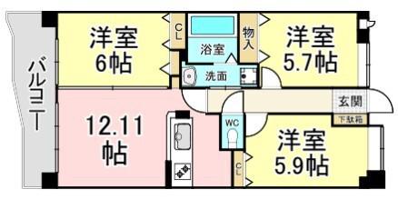 アヌビアス紫川(3LDK/1階)の間取り写真