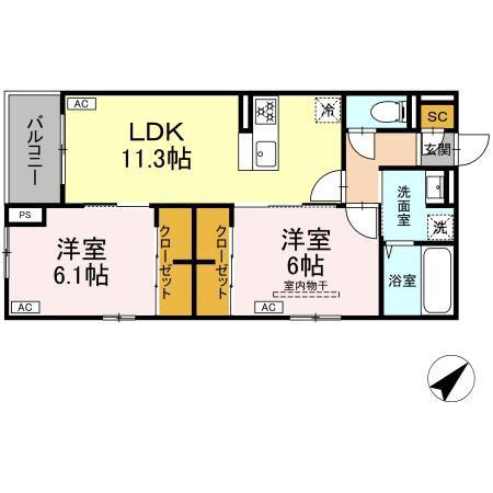 アーバングレイス宮千代1丁目 I(2LDK/3階)の間取り写真