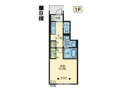 K B棟(1K/1階)の間取り写真