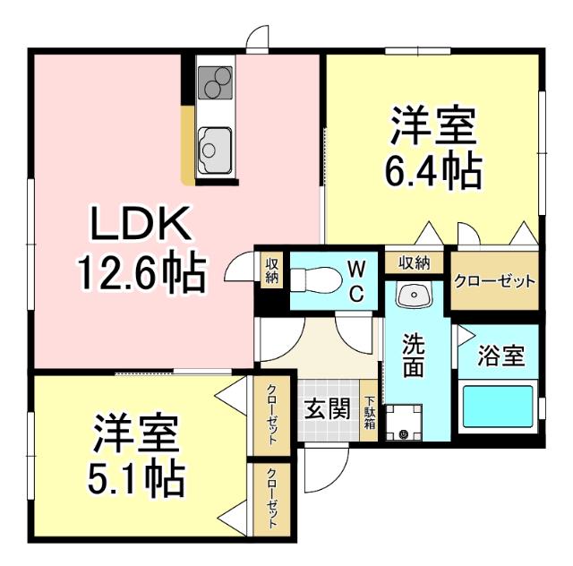 シティパル長行C棟(2LDK/1階)の間取り写真