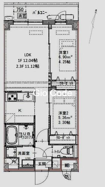 ジェノヴィア六町(2LDK/2階)の間取り写真