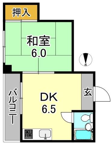 グランドハイツ加美東(1DK/6階)の間取り写真