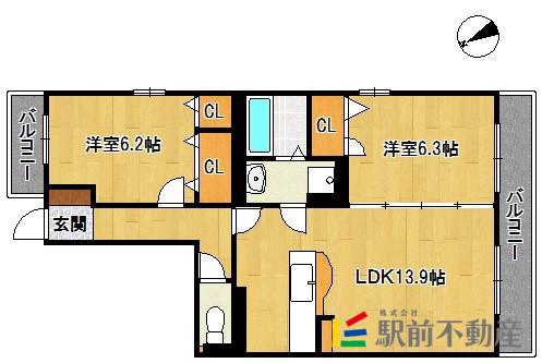 プライムコート大野城I(2LDK/3階)の間取り写真