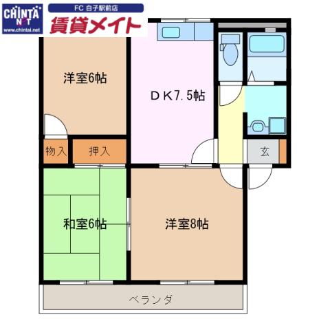 メモリアルアベニュー B(3DK/2階)の間取り写真
