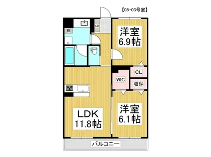 コンフォーティア広丘吉田III B棟(2LDK/2階)の間取り写真